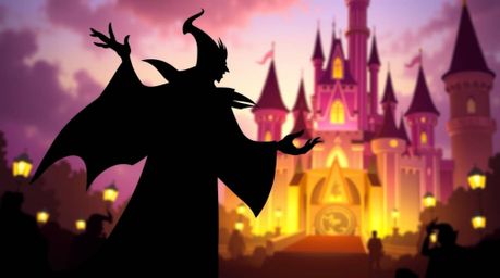 A captivating image of a silhouetted Disney villain casting a spell within a brightly lit castle. The backlighting creates a