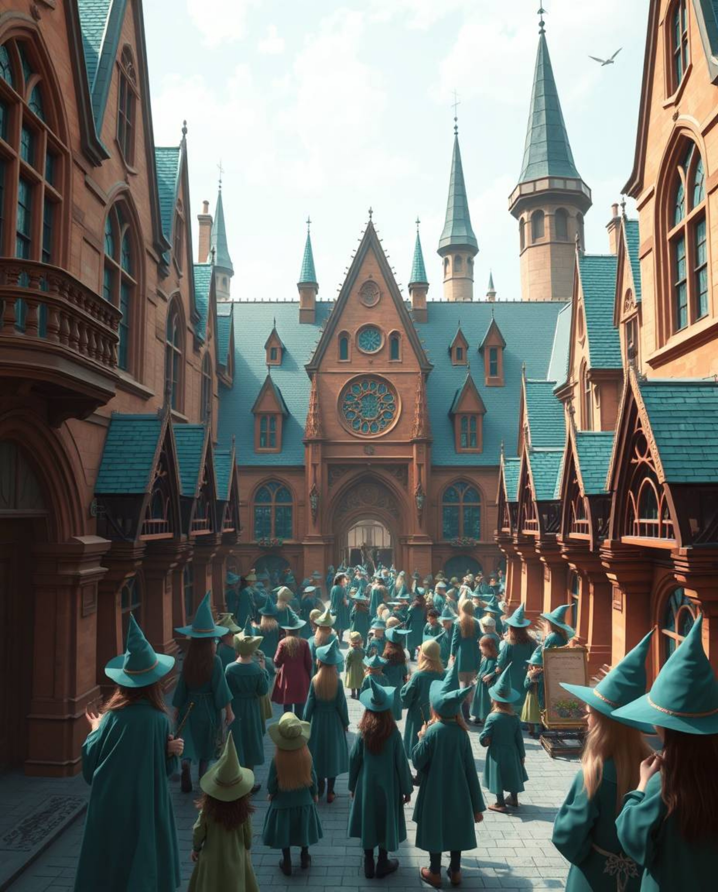 Explore a breathtaking magical school brimming with young wizards, beautifully rendered in a captivating blend of warm terrac