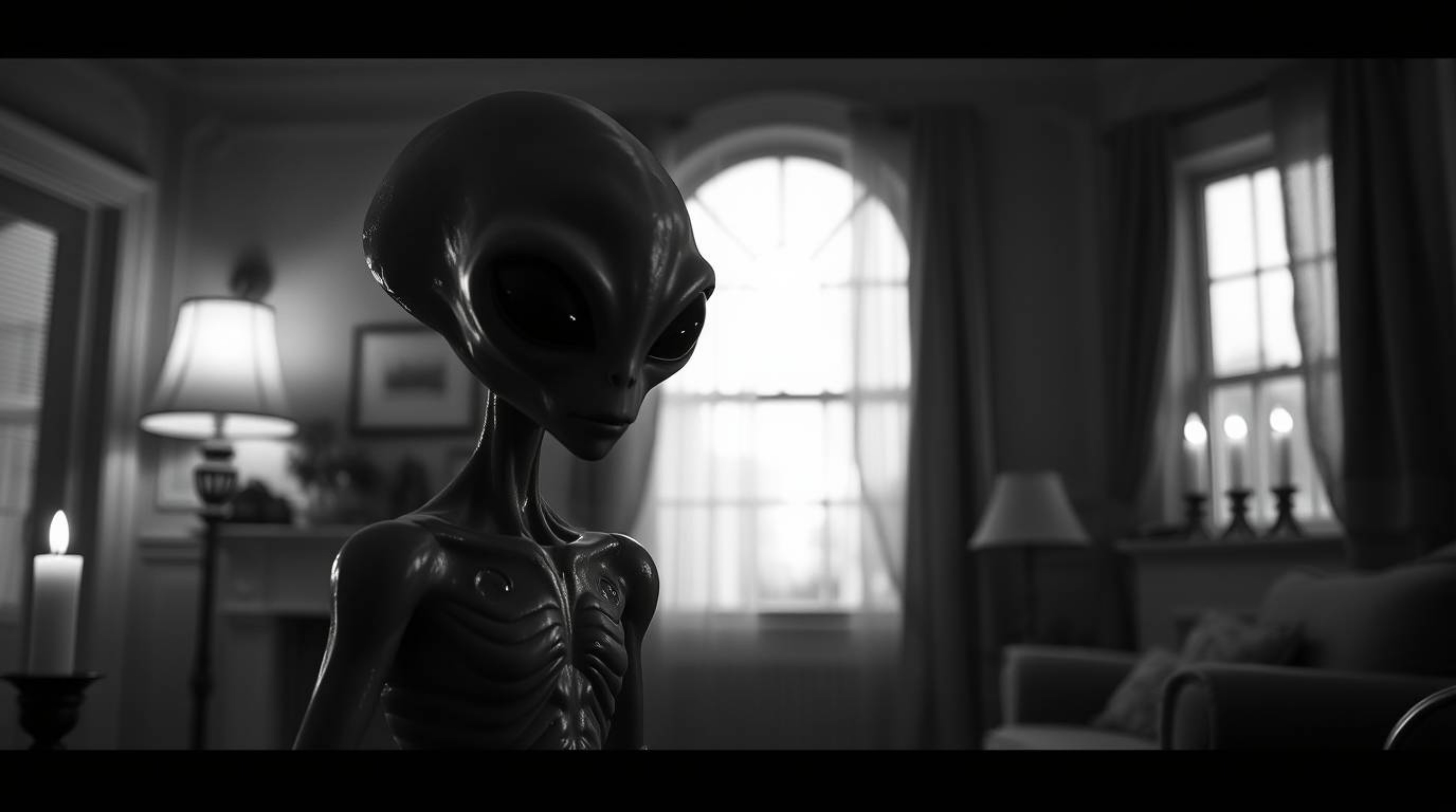 A timeless and elegant black and white image depicts an alien in a cozy suburban house, bathed in the warm glow of flickering