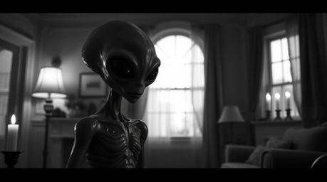 A timeless and elegant black and white image depicts an alien in a cozy suburban house, bathed in the warm glow of flickering