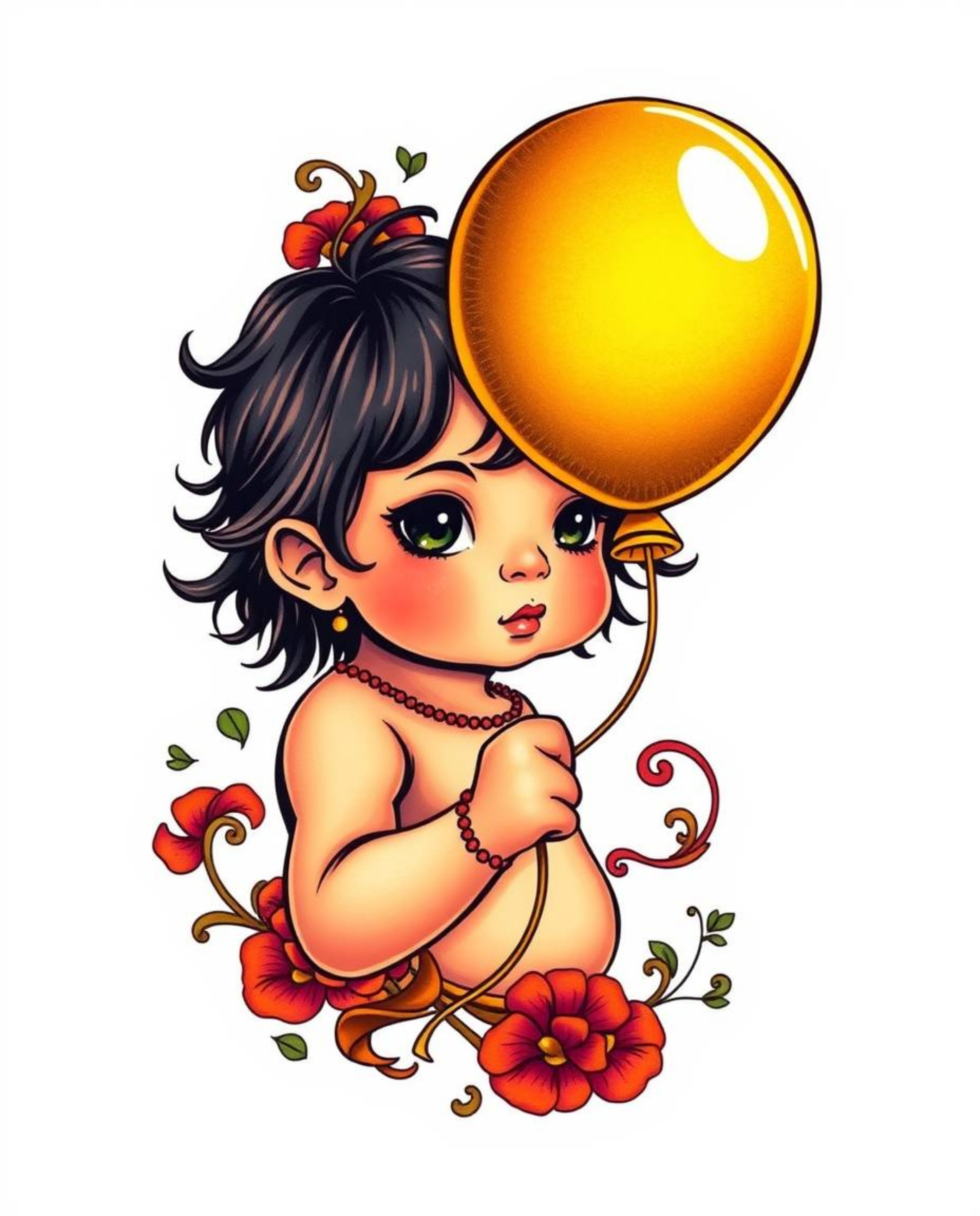 A vibrant and detailed traditional tattoo art print featuring a child with dark eyes and hair holding a gold balloon.  The ar