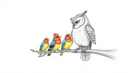 A heartwarming, hand-drawn Pixar-style sketch depicts a wise, blind owl patiently guiding a flock of colorful birds to fly.  