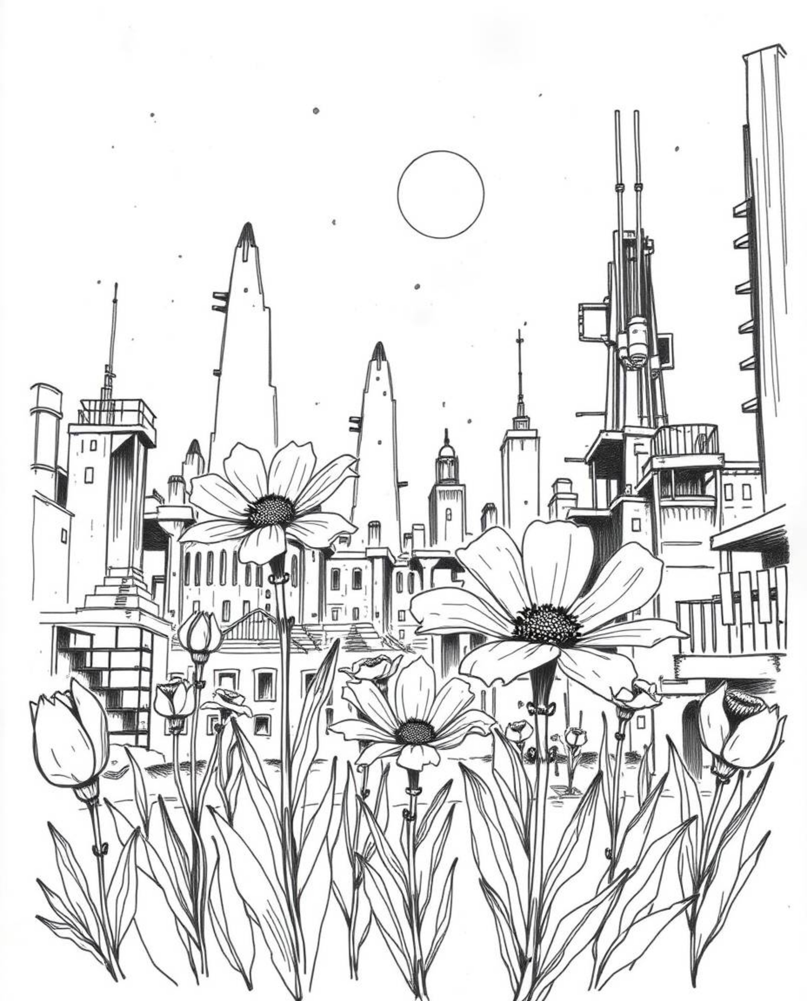A captivating hand-drawn sketch depicts flowers blooming amidst the ruins of a post-apocalyptic city.  The rough lines and hi