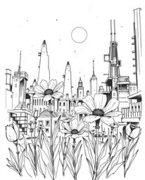 A captivating hand-drawn sketch depicts flowers blooming amidst the ruins of a post-apocalyptic city.  The rough lines and hi