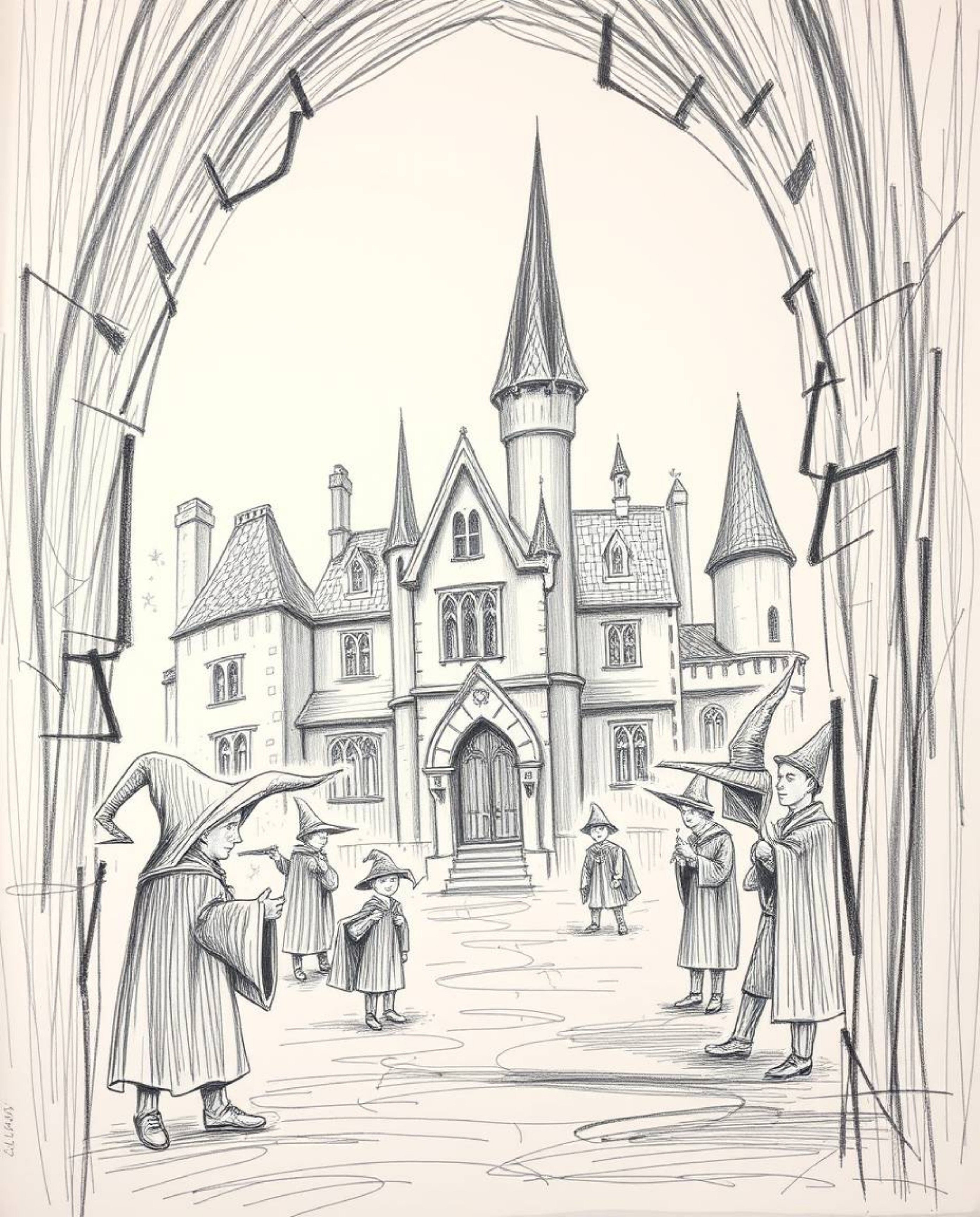 Explore a hand-drawn sketch of a magical school teeming with young wizards, rendered with rough lines and textured pencil str