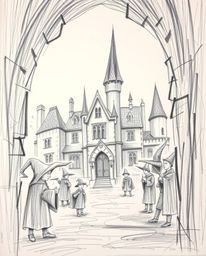 Explore a hand-drawn sketch of a magical school teeming with young wizards, rendered with rough lines and textured pencil str