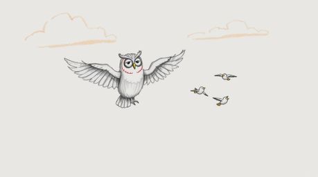 A charming hand-drawn sketch in the style of Pixar depicts a blind owl with large, feathery wings patiently guiding small bir
