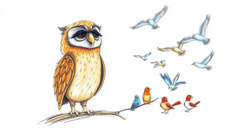 A heartwarming hand-drawn sketch in the style of Pixar depicts a blind owl with soft, feathery brown plumage teaching a diver