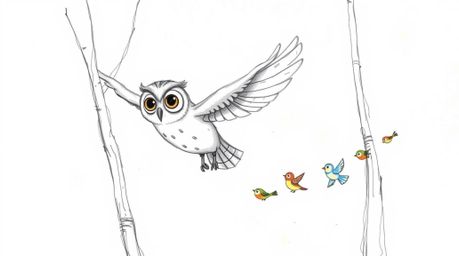 A charming hand-drawn sketch in the style of Pixar depicts a wise, blind owl gliding gracefully between trees, guiding a floc