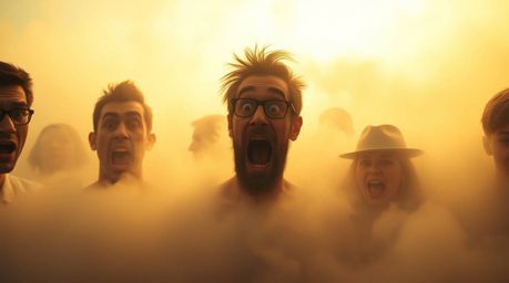 Experience a hilariously gross-out comedy scene bathed in a warm golden glow and enveloped in thick fog, where characters dis