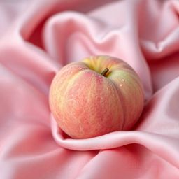 A captivating close-up ASMR image showcases a soft, blushing pink peach resting on luxurious pastel pink silk.  The tight sho