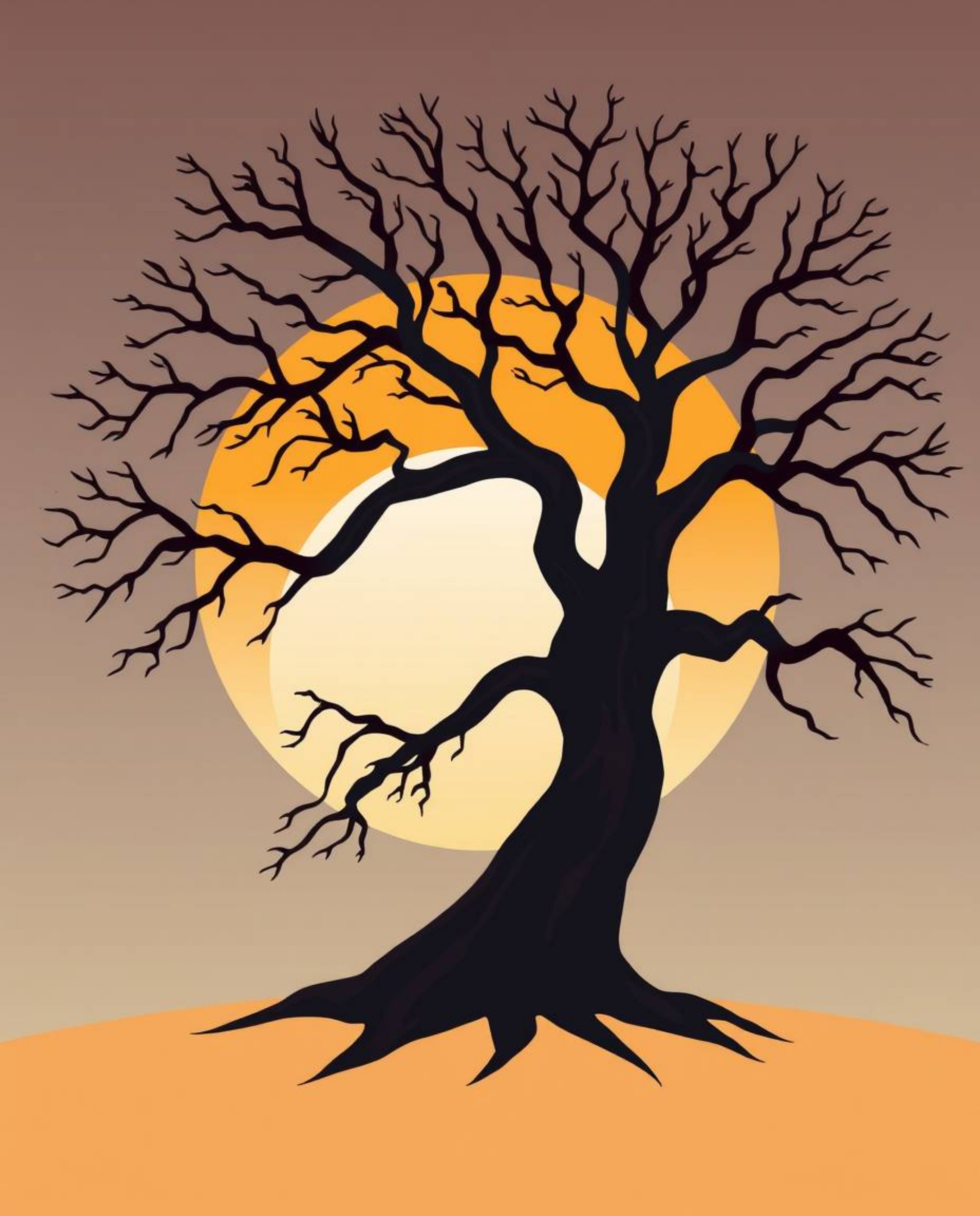A modern flat design illustration depicting a sunset behind an old oak tree with twisted branches. This piece utilizes simple