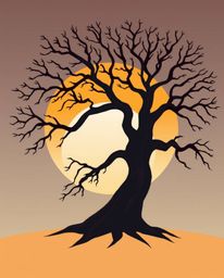 A modern flat design illustration depicting a sunset behind an old oak tree with twisted branches. This piece utilizes simple