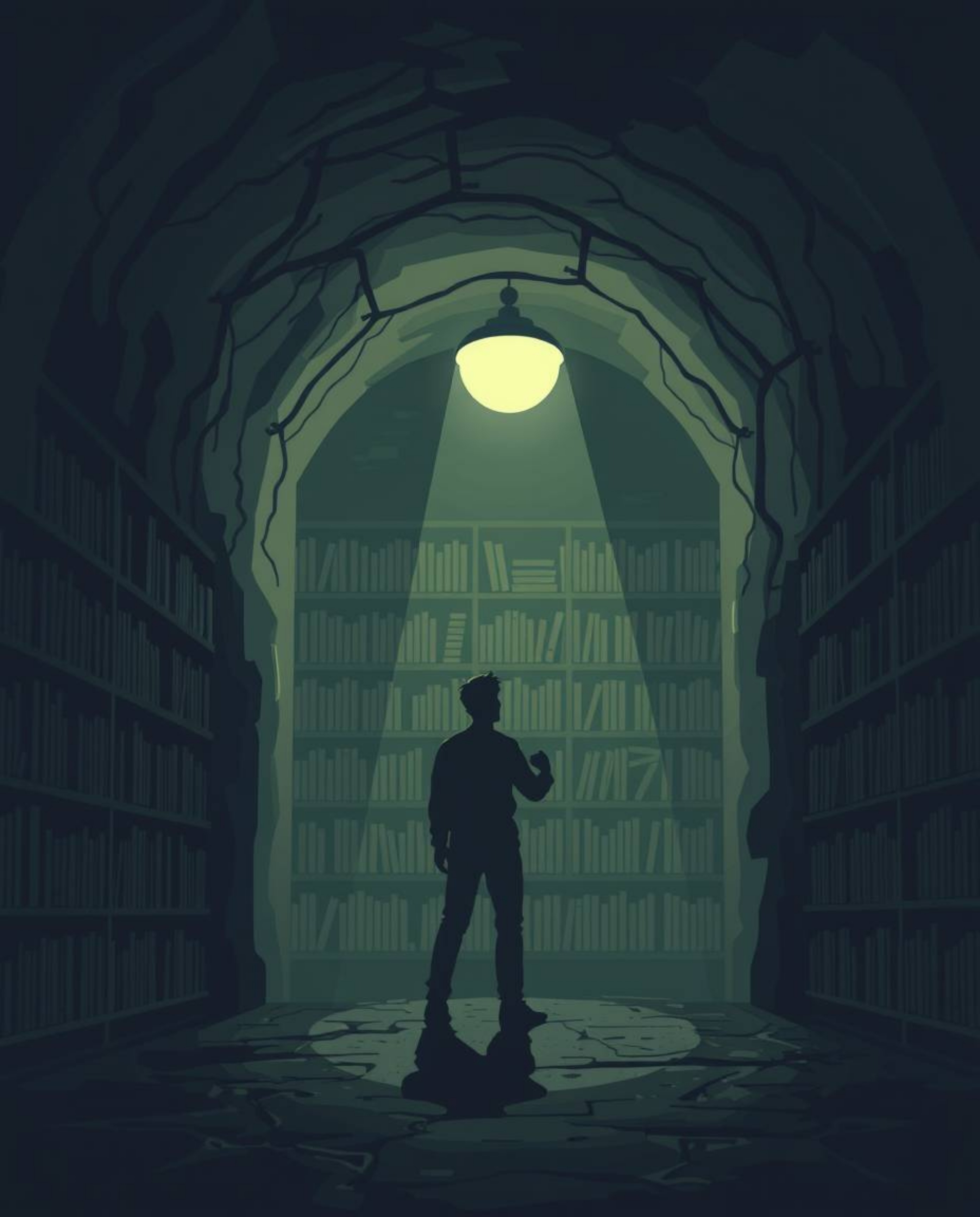 A person discovers a hidden underground library, characterized by a modern, flat design aesthetic and intense, dramatic light