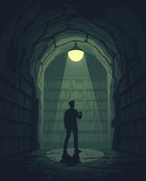 A person discovers a hidden underground library, characterized by a modern, flat design aesthetic and intense, dramatic light
