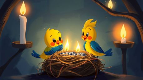 A charming digital painting showcases two cartoon birds diligently constructing their nest. Rendered in a classic animation