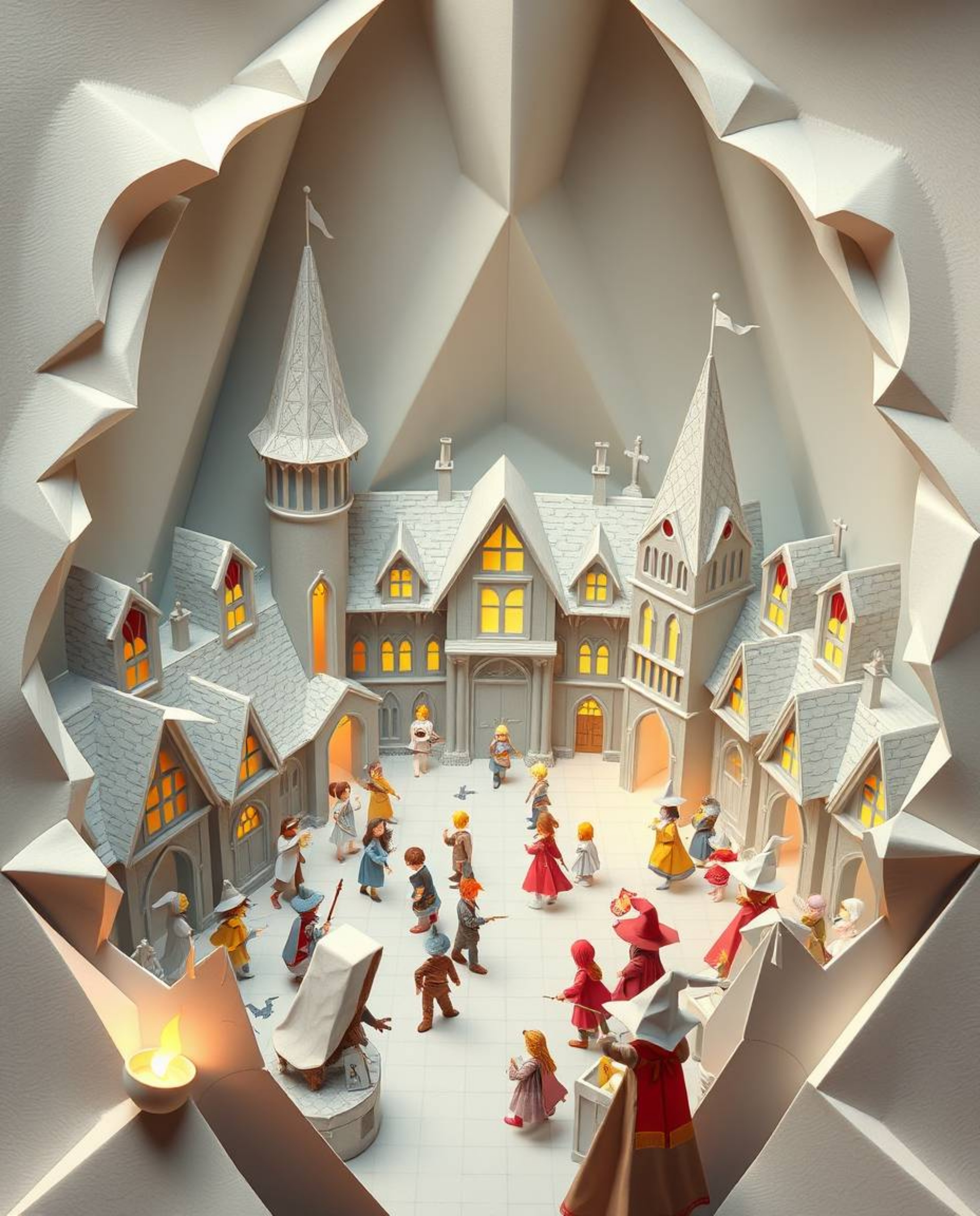 Explore an intricate origami-style illustration of a magical school teeming with young wizards. The folded paper look and geo
