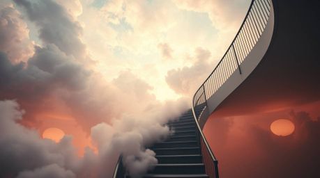 A captivating image depicts a winding stairway composed of smoke and light, ascending into a vast, cloudy sky. This surreal s