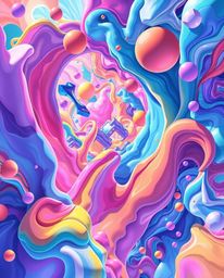 A bright and vibrant Isekai anime style artwork showcasing colorful 3D fluid shapes interacting dynamically with geometric fo