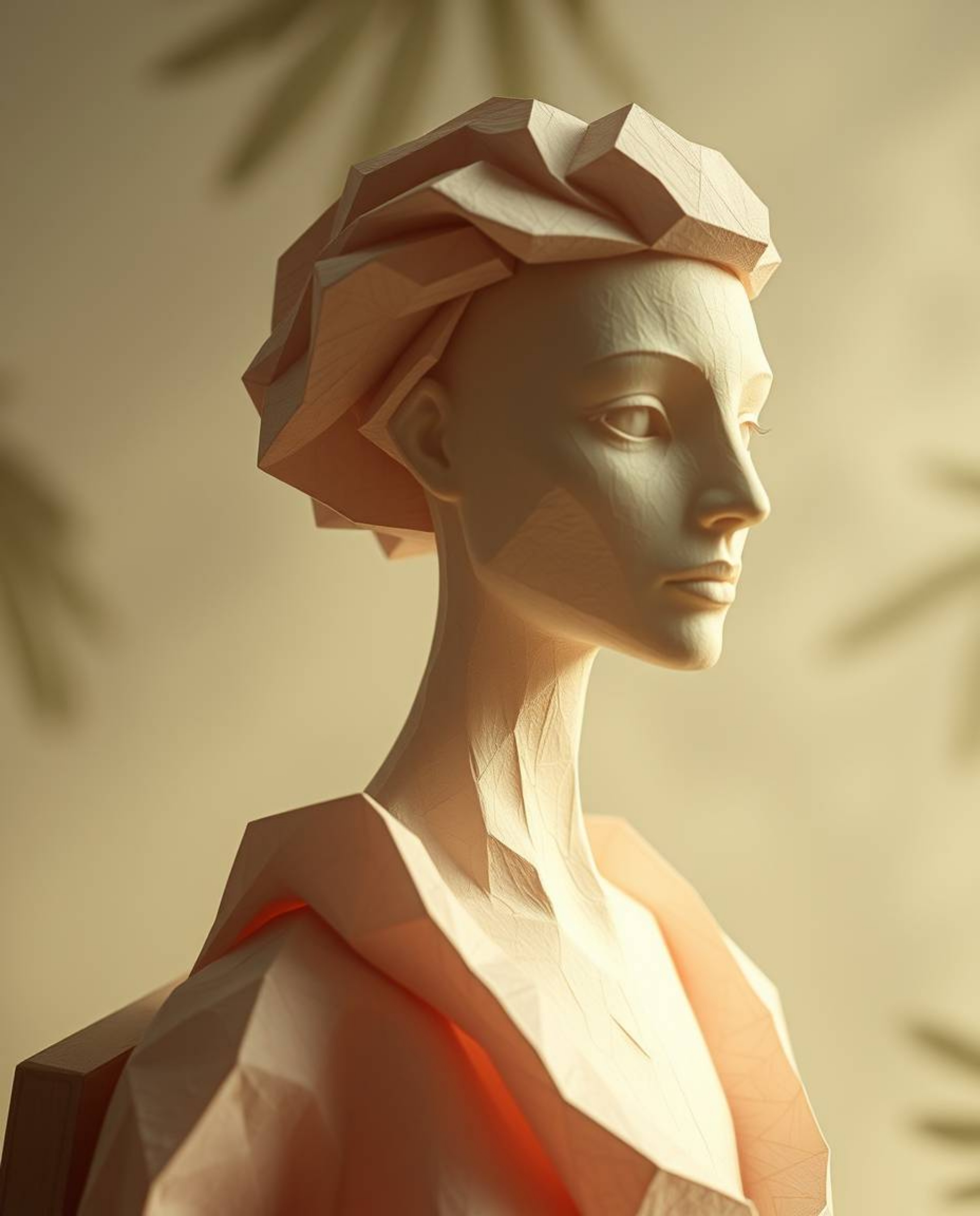 A captivating layered papier-mâché sculpture is presented under a soft cinematic haze, showcasing a geometric pastel gradient
