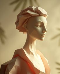 A captivating layered papier-mâché sculpture is presented under a soft cinematic haze, showcasing a geometric pastel gradient