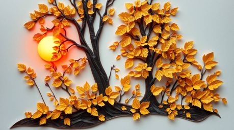 This stunning layered papier-mâché artwork captures the graceful and elegant beauty of an autumn forest.  Golden leaves are i