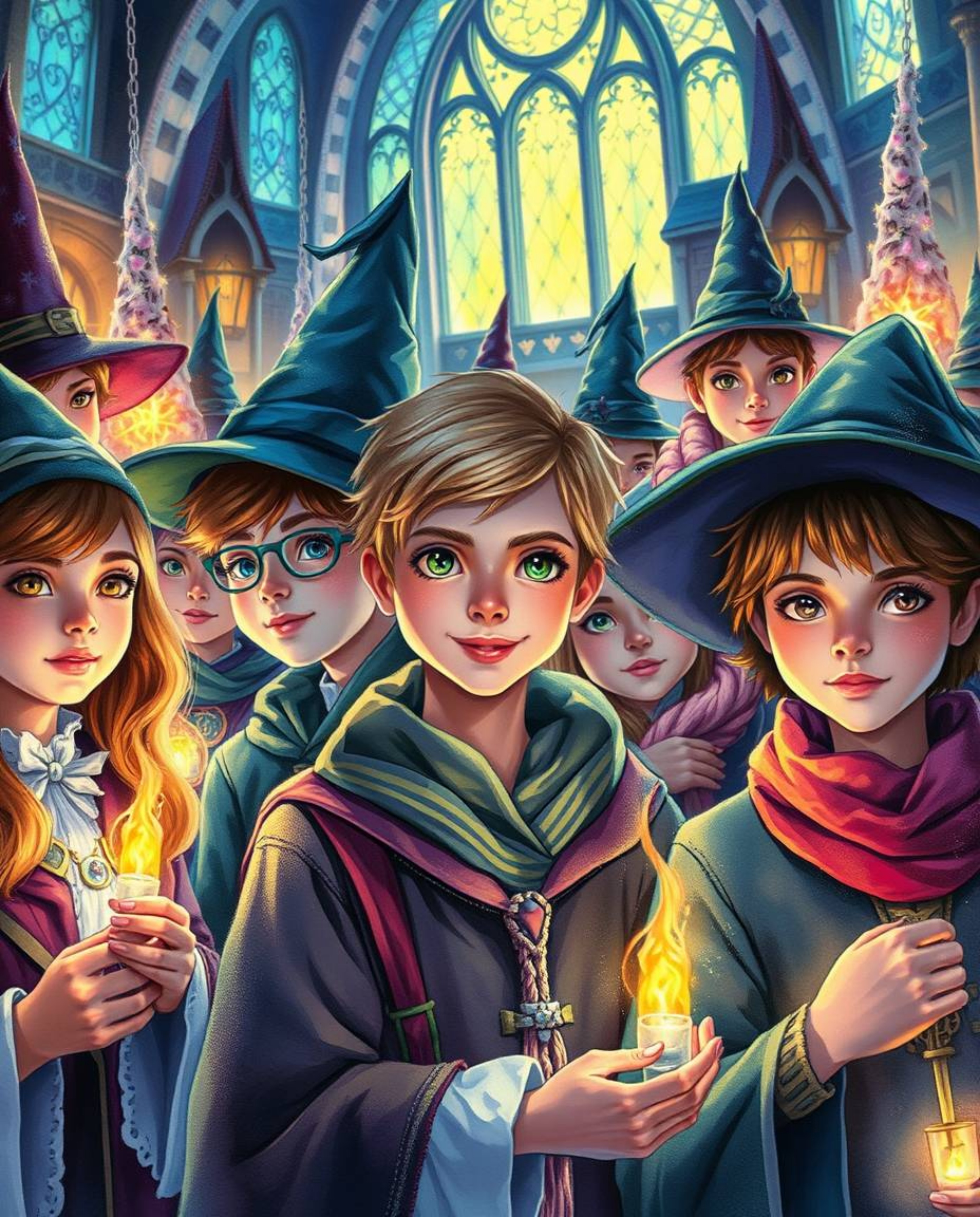 Explore a fantastical magical school teeming with young wizards, bathed in captivating bioluminescent colors. This scene is a