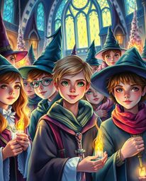 Explore a fantastical magical school teeming with young wizards, bathed in captivating bioluminescent colors. This scene is a