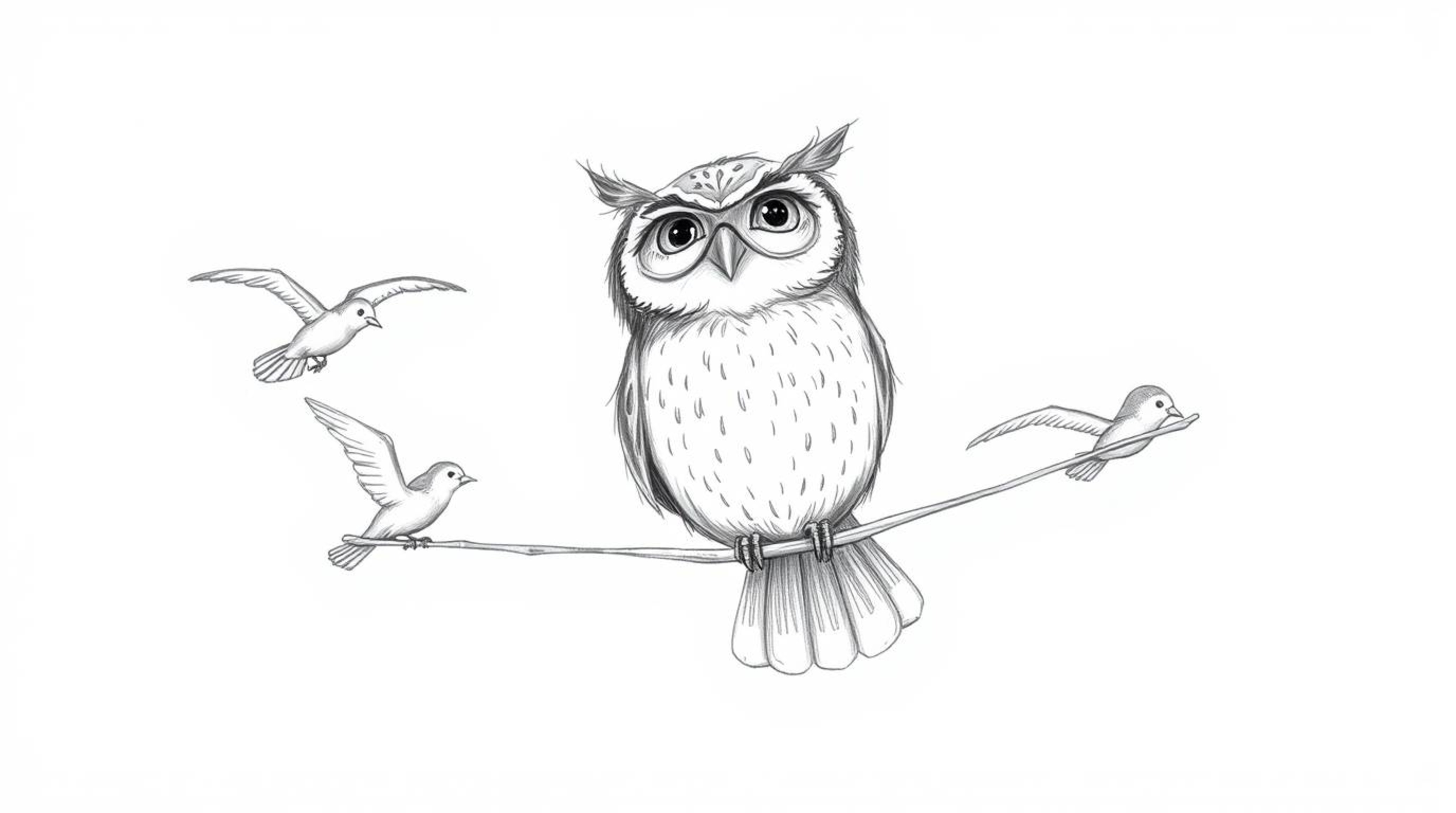 A captivating textured pencil sketch depicts a blind owl, rendered in the distinctive Pixar style, guiding a flock of birds i