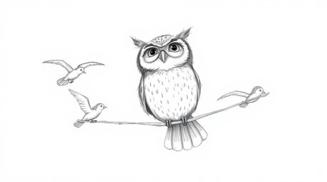 A captivating textured pencil sketch depicts a blind owl, rendered in the distinctive Pixar style, guiding a flock of birds i
