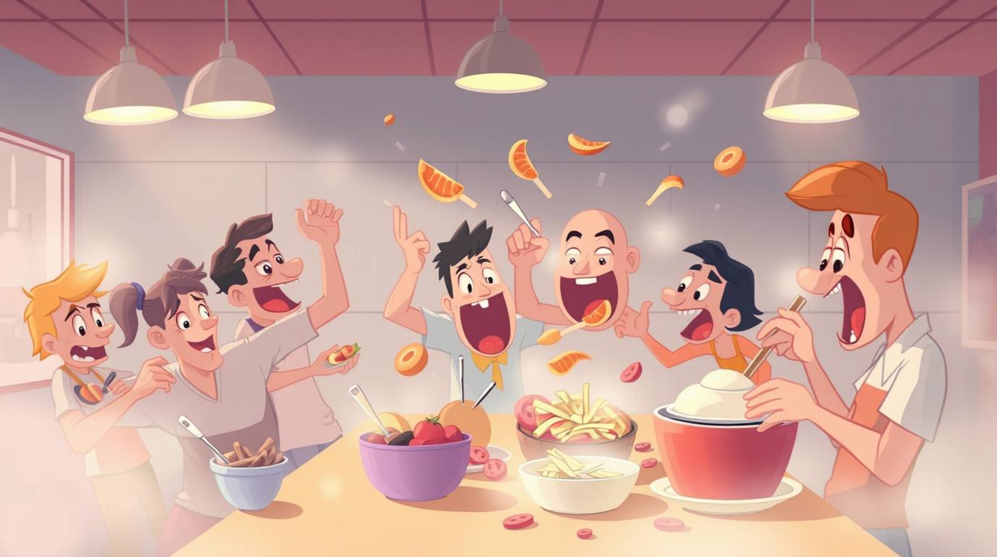 A whimsical cartoon cafeteria scene unfolds, showcasing a chaotic yet soothing food fight rendered in soft pastel colors. The