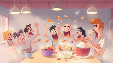 A whimsical cartoon cafeteria scene unfolds, showcasing a chaotic yet soothing food fight rendered in soft pastel colors. The