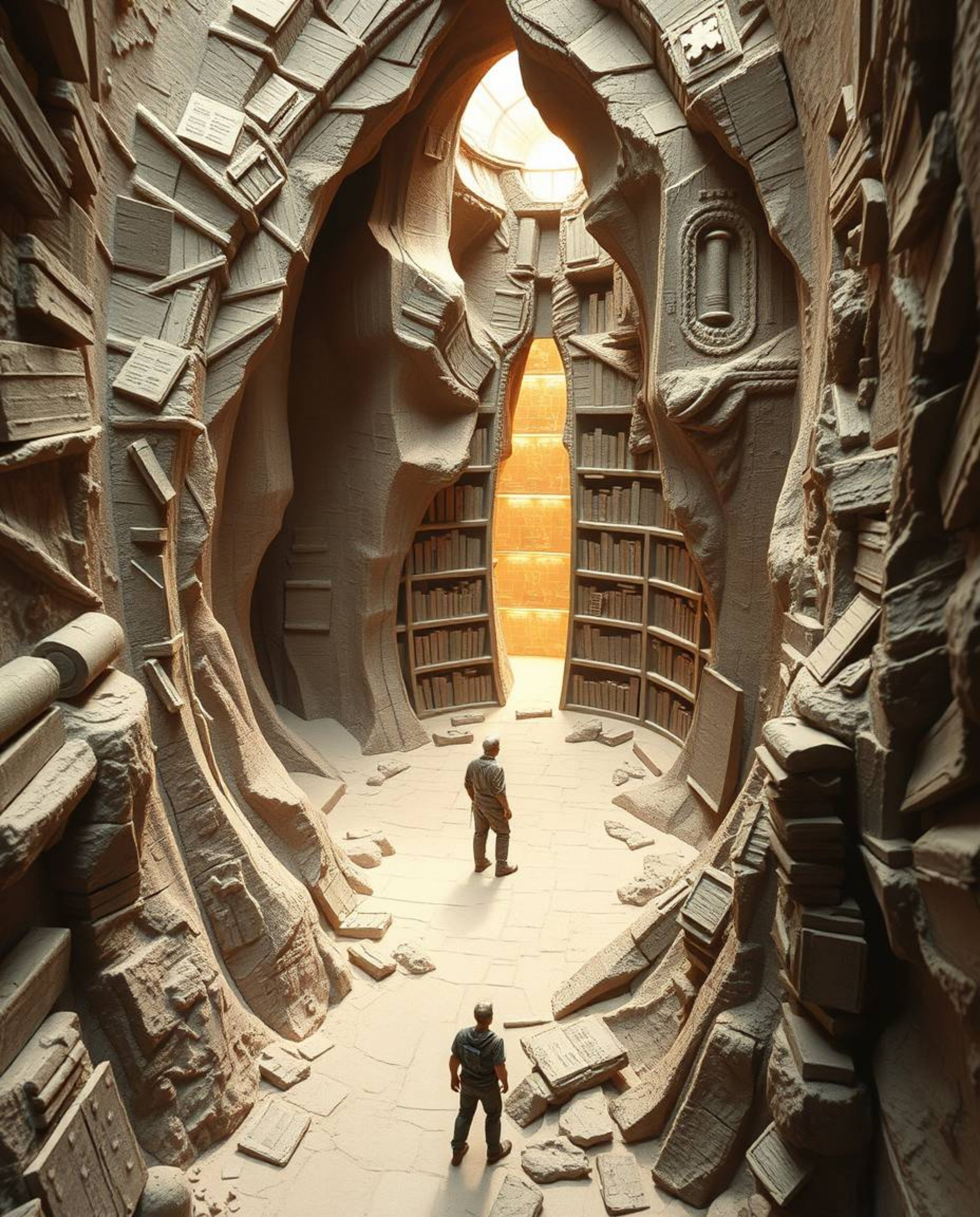 A stunning sculptural clay artwork capturing the epic moment of a person discovering a hidden underground library. The piece 