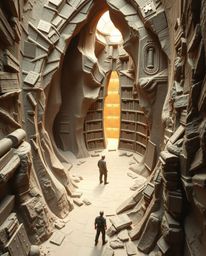 A stunning sculptural clay artwork capturing the epic moment of a person discovering a hidden underground library. The piece 