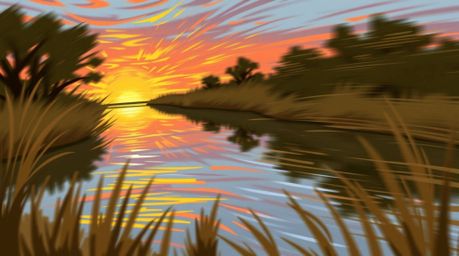 A captivating dynamic illustration depicts a colorful sunset reflected in a tranquil pond.  The image features natural earth 