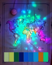 Experience a captivating blend of cool blues, greens, and purples in an old study illuminated by a glowing map projection. Th