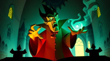 A captivating origami illustration depicts a classic Disney villain casting a spell within an ancient castle. The image show