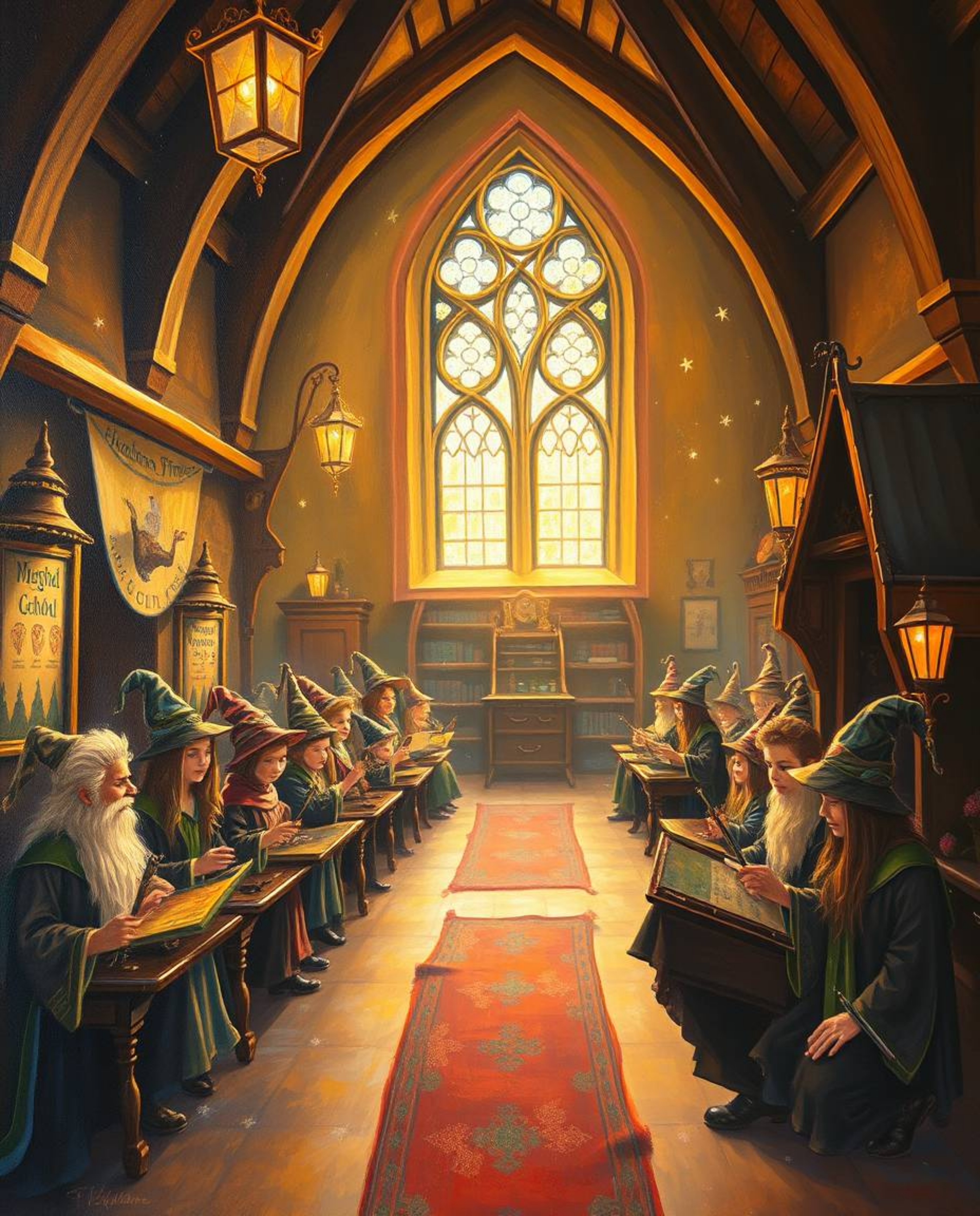 A captivating oil painting showcasing a charming magical school brimming with young wizards.  The artwork features a warm gol