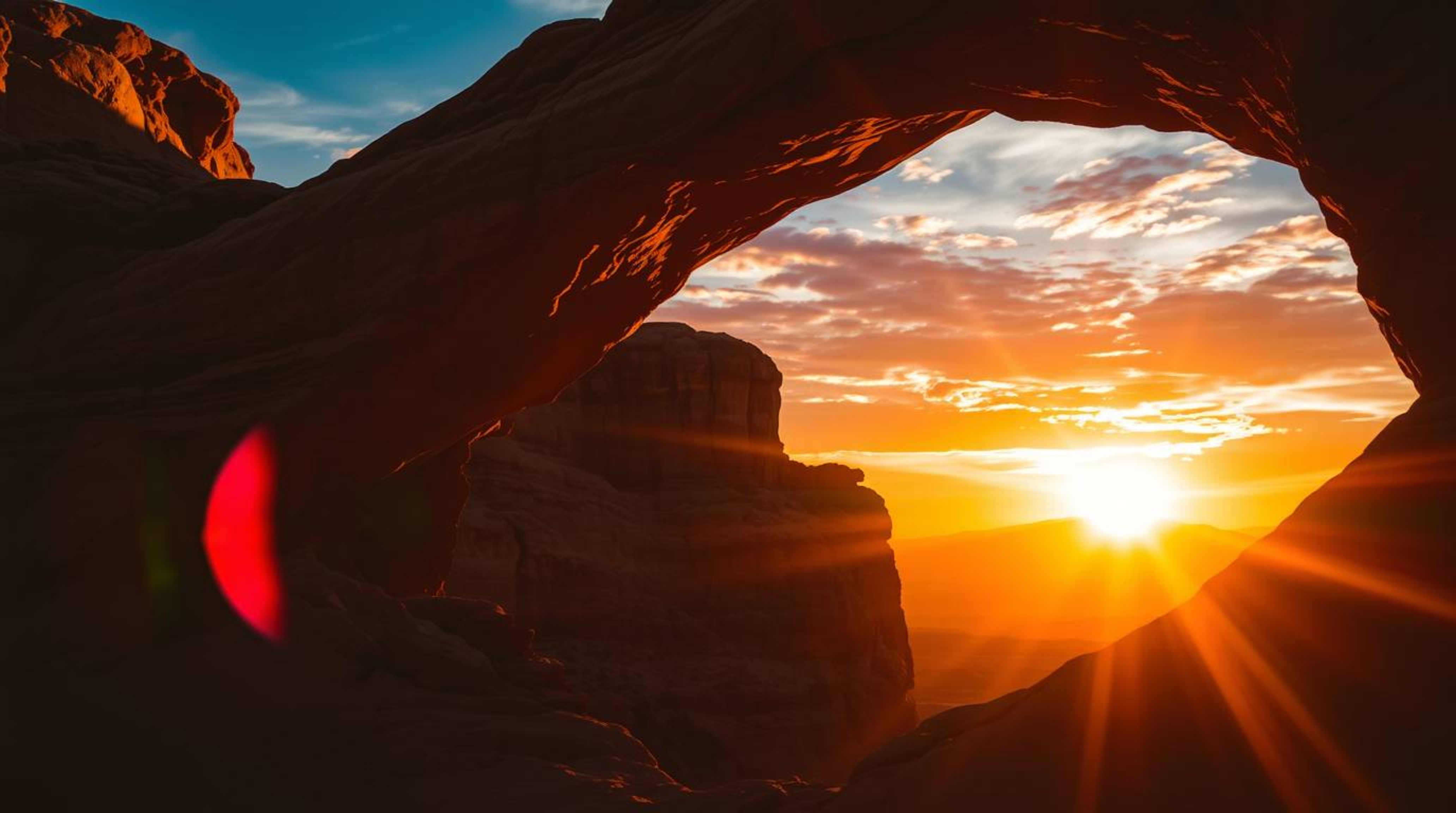 Experience the breathtaking beauty of a vibrant sunset framed by a natural rock arch in the desert. This scene captures inten