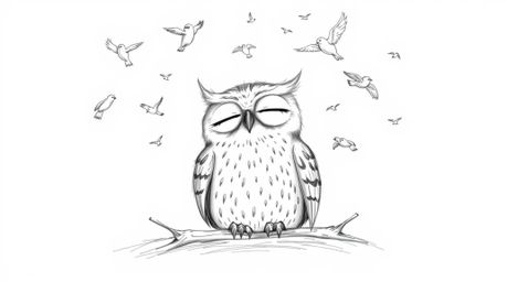 A whimsical hand-drawn sketch in the style of Pixar, showcasing a blind owl detailed with textured pencil strokes, peacefully