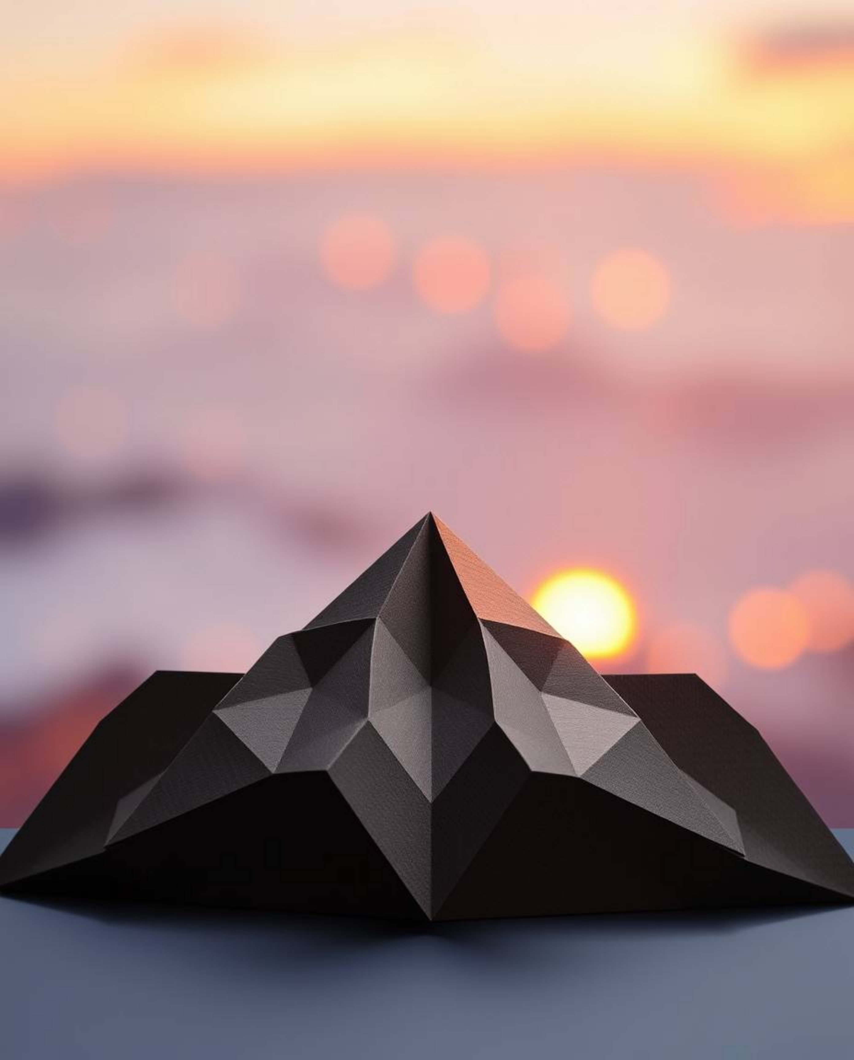 Discover an intricate origami-style depiction of a sunset as viewed from a high alpine peak. This unique artwork features a s