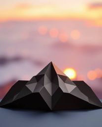 Discover an intricate origami-style depiction of a sunset as viewed from a high alpine peak. This unique artwork features a s