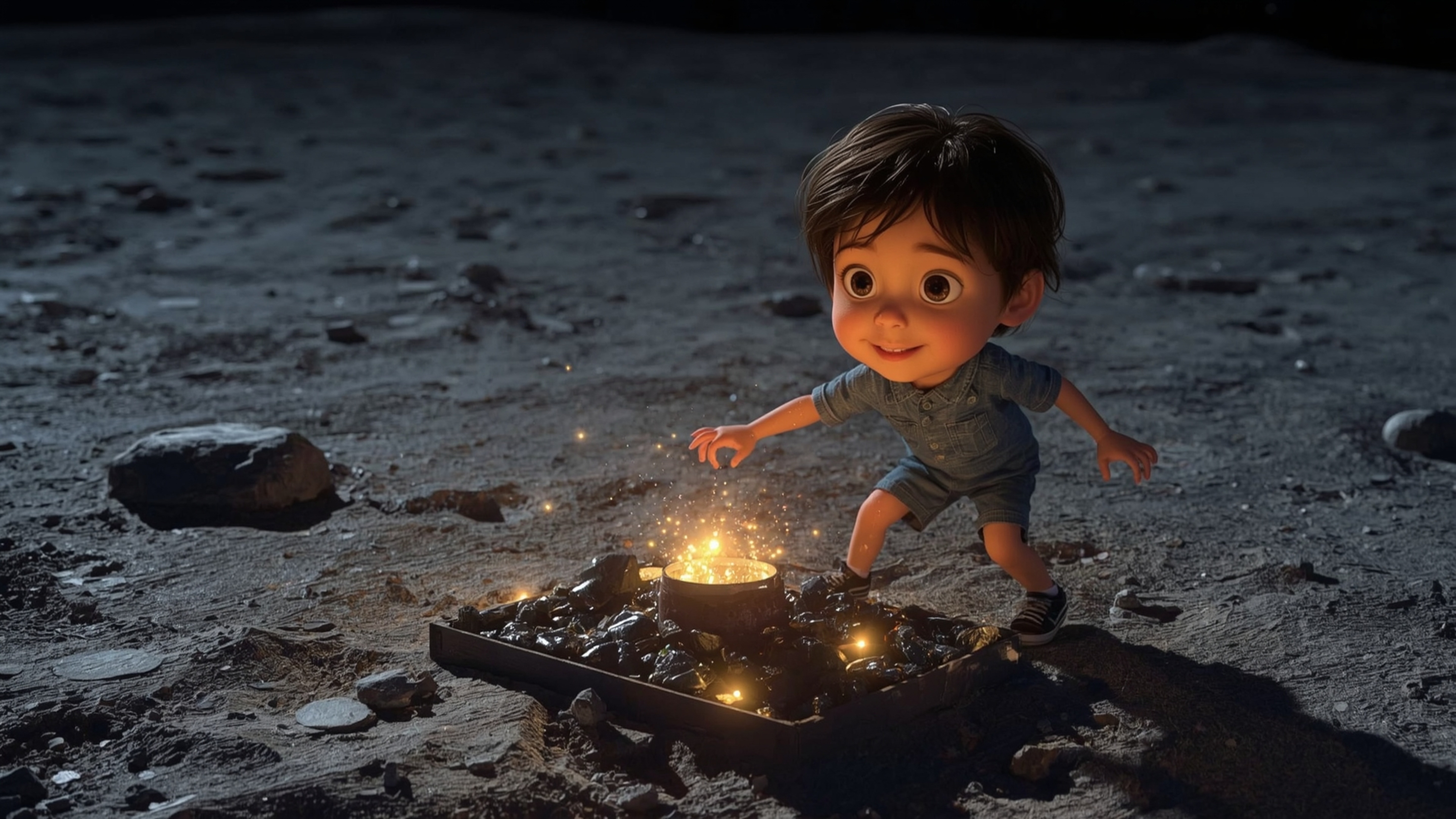 Embark on a whimsical lunar adventure with this warm and dreamy cinematic photograph, reminiscent of Pixar's signature style.