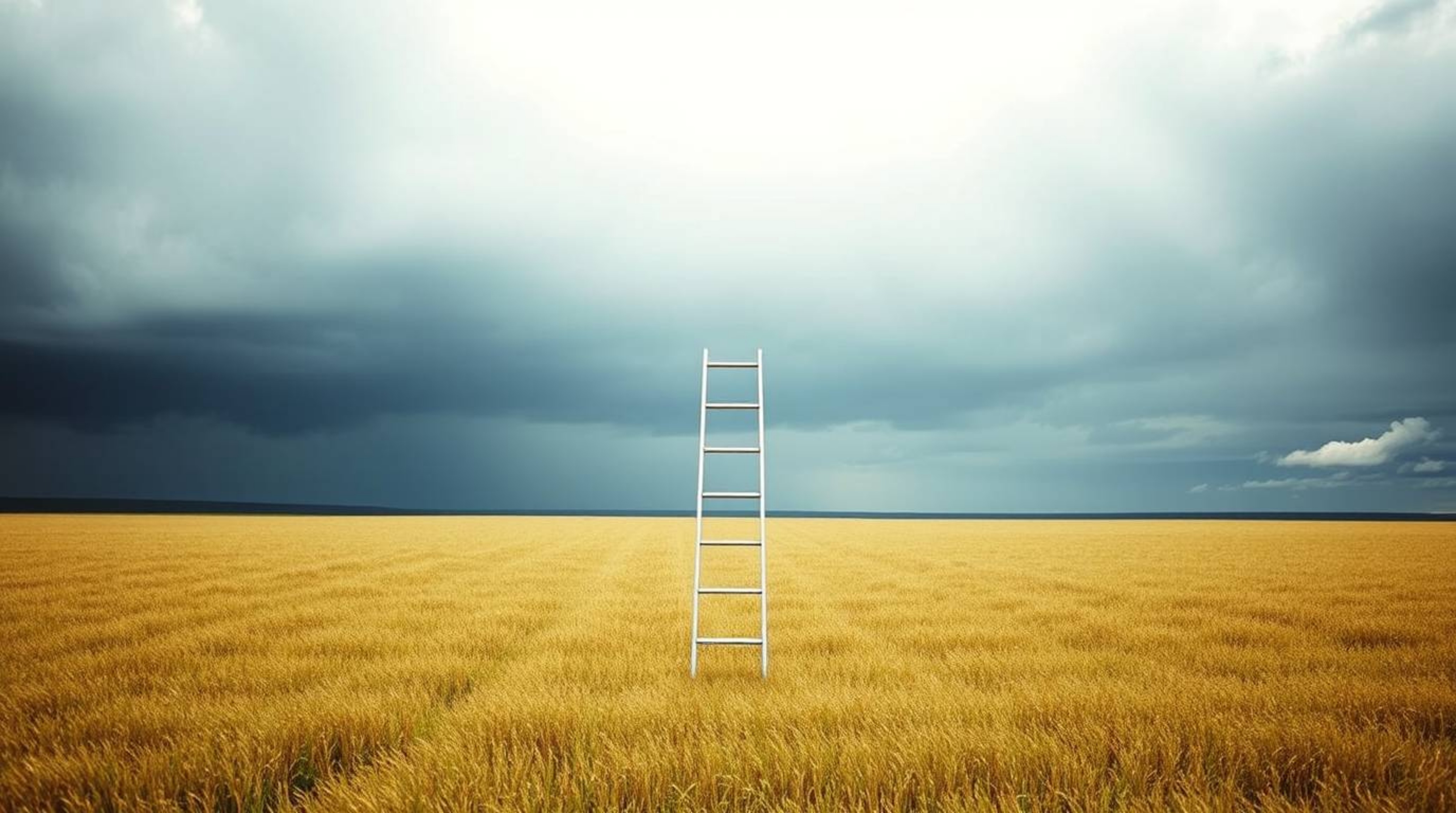 A minimalist scene featuring a silver ladder in a wide open field beneath a cloudy sky, bathed in gentle, soft light. The ima