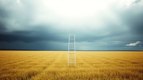 A minimalist scene featuring a silver ladder in a wide open field beneath a cloudy sky, bathed in gentle, soft light. The ima