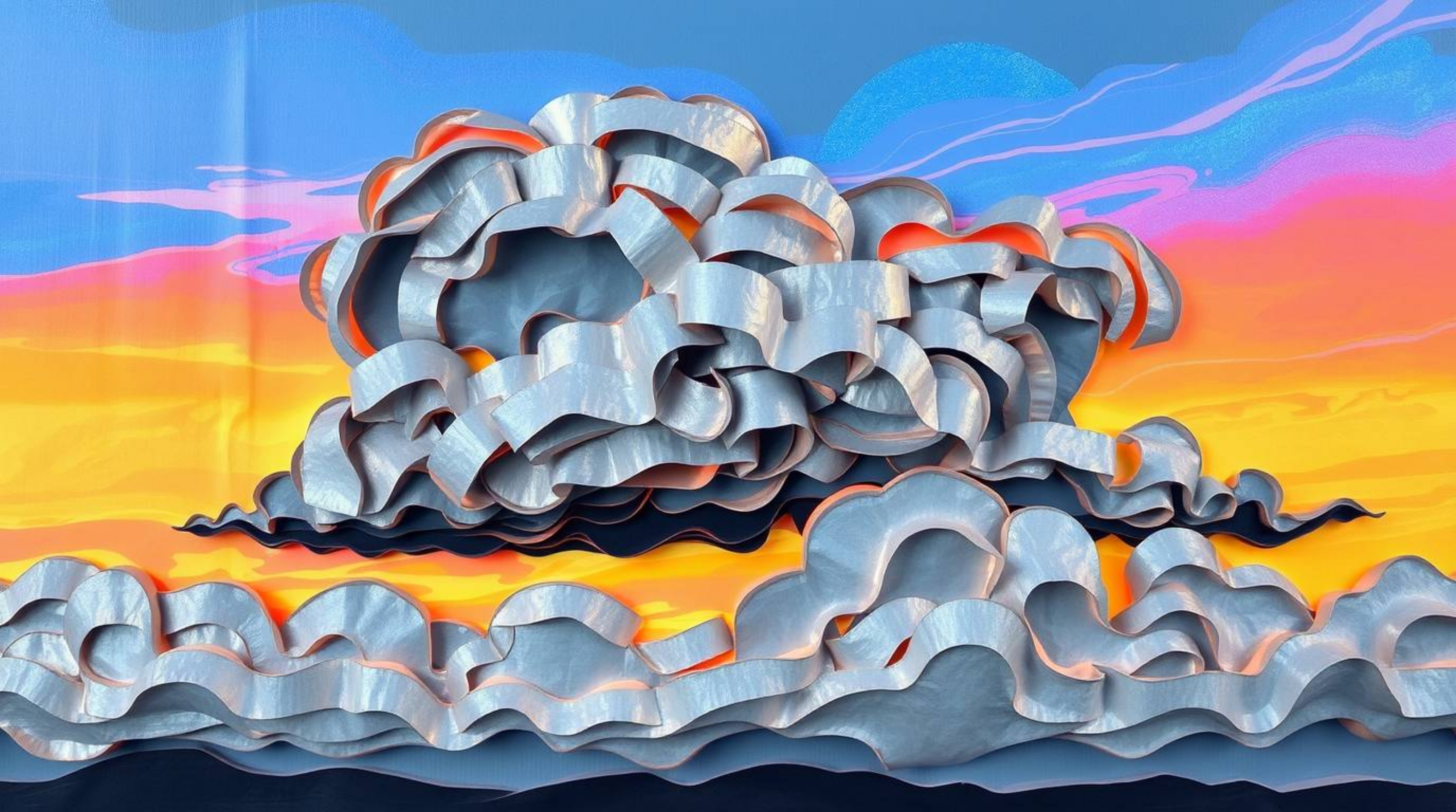 A stunning layered papier-mâché artwork depicts dramatic thunderstorm clouds illuminated by the vibrant hues of a sunset.  Th