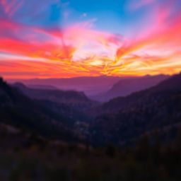 Experience the breathtaking beauty of a vibrant sunset over a tranquil mountain valley. This captivating image features elect