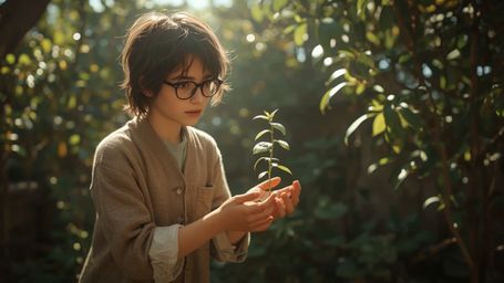 In a warmly lit, cinematic photograph, a tousled-haired, bespectacled homeschooled genius with a gentle smile tenderly cradle