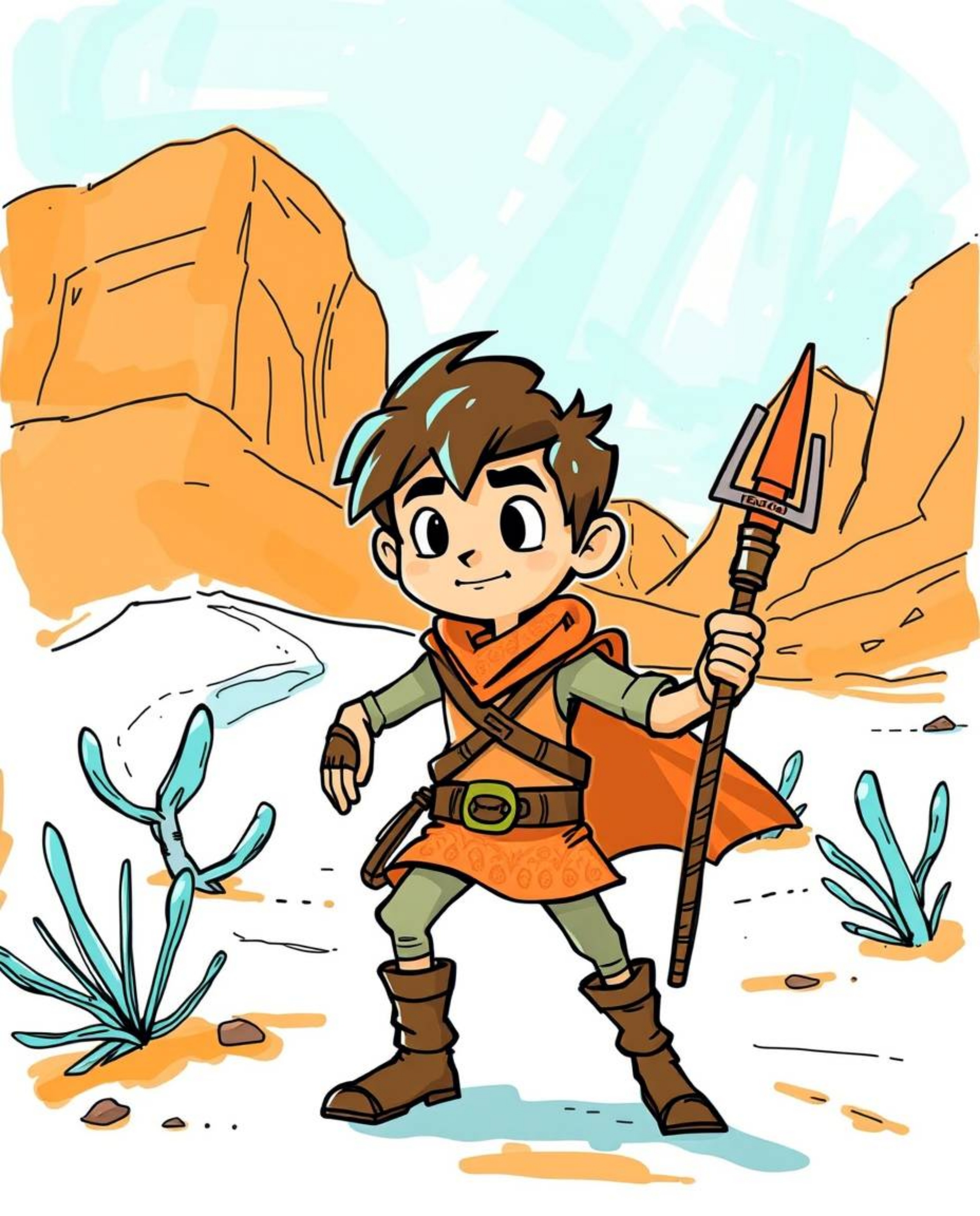 A captivating hand-drawn sketchnote depicts a brave, Disney-style hero embarking on a thrilling desert adventure. The illust