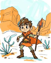 A captivating hand-drawn sketchnote depicts a brave, Disney-style hero embarking on a thrilling desert adventure.  The illust